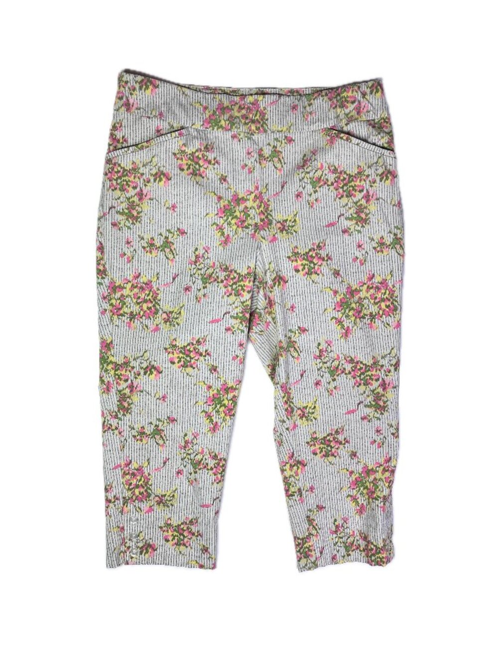 Chico's Perfect Stretch Size 2 (L) Capri Pants Striped Floral Pull-On